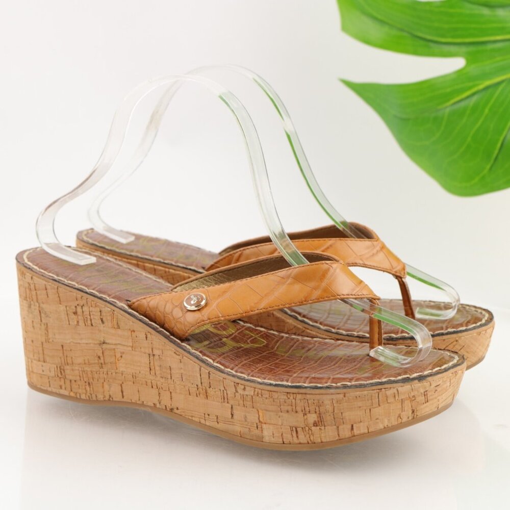 Sam Edelman Womens Romy Sandas Size 9.5 Tan Croc Thong Wedge Platform Slides
